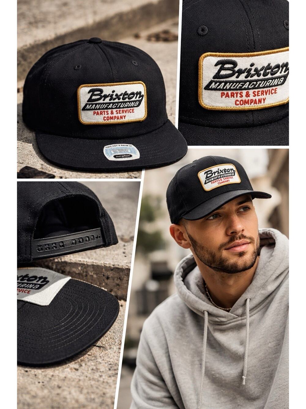 Brixton Snapback Hat Mens One Size Black Patch Logo Flat Brim Adjustable NWT